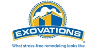 Exovations logo with blue and yellow building graphic and tagline What stress-free remodeling looks like.