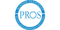 Blue circular logo with text PROS in center and window treatment services around edge