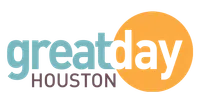 Great Day Houston logo with blue and black text and an orange circle background