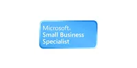 Microsoft Small Business Specialist logo in a blue background with white text, promoting business expertise.