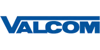 Valcom logo featuring bold blue uppercase letters with a geometric design.