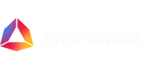 Andromeda logo featuring a triangular gradient icon with blue, purple, red, and yellow colors next to white text on black background