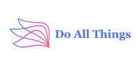Logo with colorful abstract swoosh graphic and text Do All Things in blue font on white background