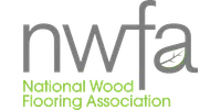 National Wood Flooring Association logo with gray and green text and a leaf inside the letter 'a'