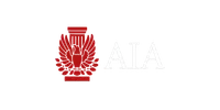 Red eagle with wings spread in front of a pillar next to white AIA text on black background.