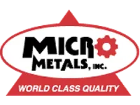 Logo of Micro Metals Inc. featuring bold black text with a red gear icon and red triangle background