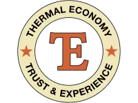 Circular logo with a large orange letter E, cream ring, and text Thermal Economy Trust & Experience