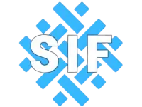 Blue geometric pattern with white bold letters S I F in the center on a black background.