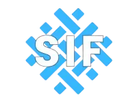 Blue geometric pattern with white bold letters S I F in the center on a black background.