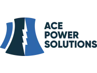 Ace Power Solutions logo with stylized blue and dark blue power plant cooling towers and bold text