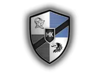 Stylized shield logo featuring a knight helmet and lion emblem in black and blue tones.