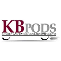 Logo for KB Pods, Kitchen and Bath Modular Components in bold red and gray text with stylized underline and motion lines.