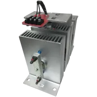 Silver industrial electrical component with heat sink fins and red terminal connectors for DC power.