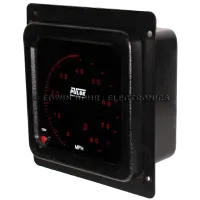 Black Pulse Electronics speedometer gauge with red LED numeric markings and dim button, measuring speed in MPH.