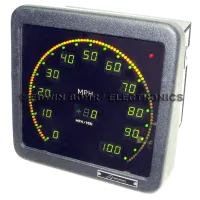 Square digital speedometer gauge with illuminated numbers and colored indicator lights from 0 to 100 mph.