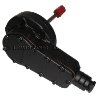 Black mechanical component with multiple bolts and a red capped rod extending from it, isolated on white.