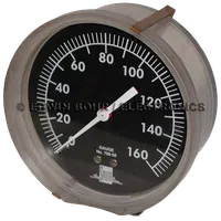 Analog round pressure gauge with black face, white markings, measuring up to 160 PSI, needle at 100 PSI.