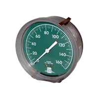 Round analog pressure gauge with green face showing readings from 0 to 160 psi and needle pointing at 115.