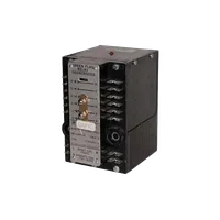 Black industrial electrical relay with multiple metal terminals and labeled front panel showing specifications.