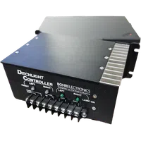 Black Ditchlight Controller by Bohrelectronics with labeled ports and indicator lights for rail industry use.