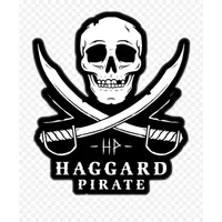 Black and white skull with crossed swords and text Haggard Pirate logo on transparent background