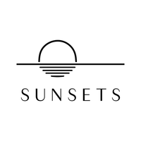 Minimalist logo with a stylized sun setting over a horizon and the word SUNSETS below it.