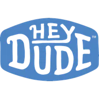 Hey Dude logo in black text on a blue oval background with a casual font style.