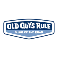 Old Guys Rule logo with dark blue text and light blue banner reading King of the Road on black background