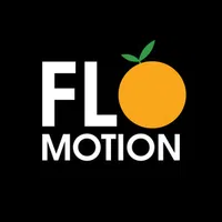 FLO Motion logo with white text and an orange circle with green leaves on a black background
