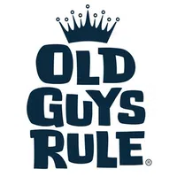 Old Guys Rule logo featuring bold navy text with a crown graphic above the words on a white background