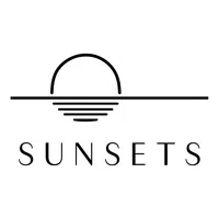 Minimalist black and white logo featuring a sun setting over the horizon with the word SUNSETS below.