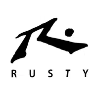 Rusty brand logo with stylized abstract black shape above bold black lettering on white background