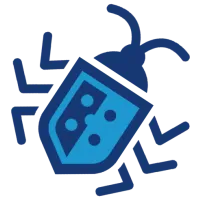 Blue stylized bug icon with antennae and six legs, symbolizing software bugs or malware.