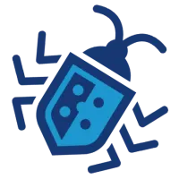 Blue and navy stylized cartoon bug or insect icon with antennae and legs on a white background