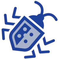 Stylized blue computer bug icon with segmented body and antennae on a transparent background