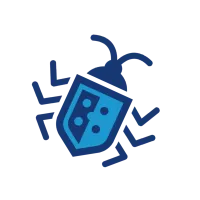 Stylized blue ladybug icon with antennae and six legs in cartoonish design on transparent background