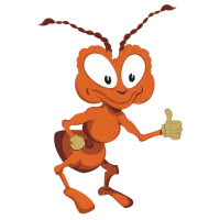 Cartoon orange ant character standing and giving a thumbs up with a confident smile on white background