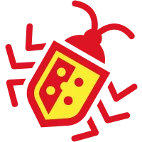 Stylized red and yellow ladybug icon with zigzag legs and antennae on white background.