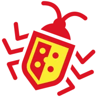 Red and yellow stylized ladybug icon with antennae and six legs on a black background