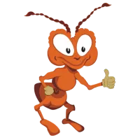 Cartoon orange ant character giving a thumbs up with friendly expression on transparent background.