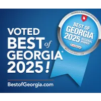 Blue badge with ribbon announcing Best of Georgia 2025 regional winner and website BestofGeorgia.com