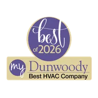 Award badge for best HVAC company of 2026 by My Dunwoody in purple and gold colors.