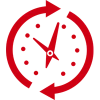 Red clock icon with circular arrows around it representing time and continuous movement or refresh.