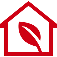 Red house outline with a leaf inside symbolizing eco-friendly or green home concept