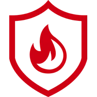 Red shield outline with a stylized red flame icon inside on a white background.