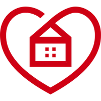 Red heart outline enclosing a simple house icon with four windows, symbolizing home and care.