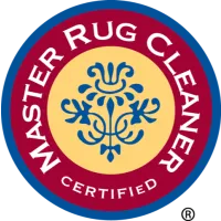 Master Rug Cleaner Certified logo with blue ornamental design on beige circle and red and blue circular border