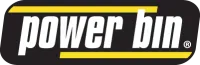Power bin logo with bold white text on black background and yellow horizontal lines above and below the text