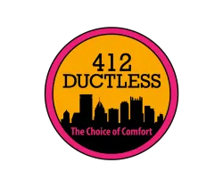 Logo of 412 Ductless featuring a city skyline with a vibrant orange background.