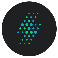 Dark circle with clustered blue and green dots forming a stylized network or blockchain symbol